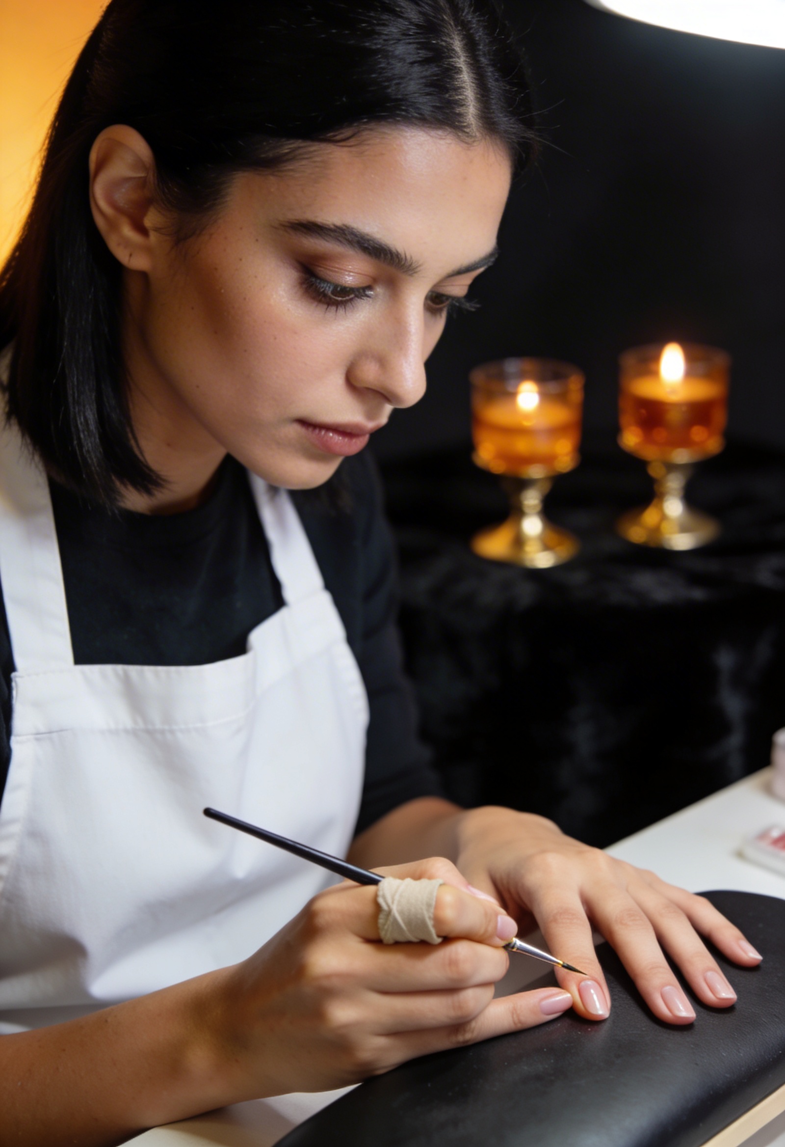 Ayşe Demir — Nail Tasarım Uzmanı, müşteri tırnağına özenle tasarım yaparken