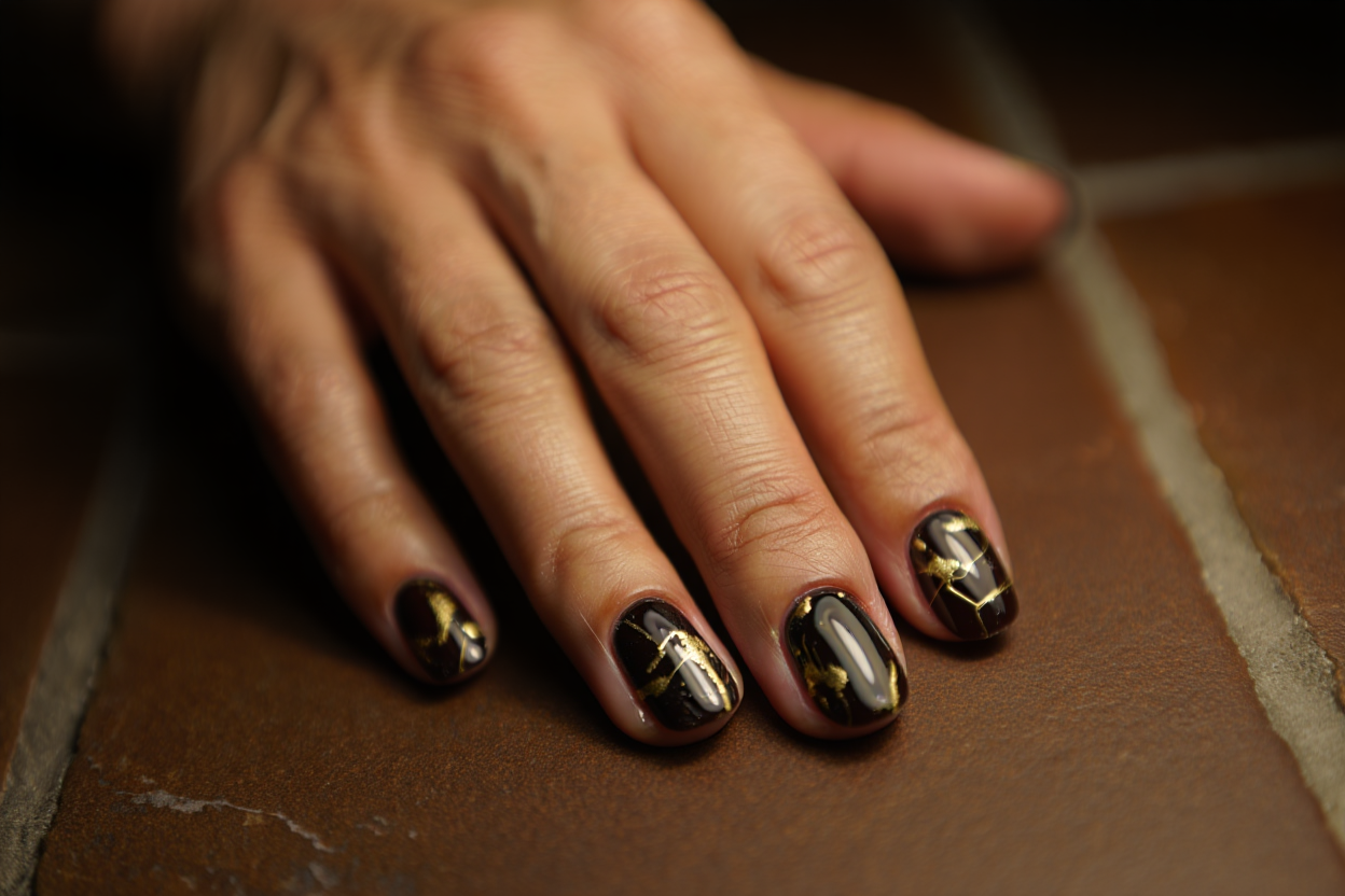 Koyu mermer desenli tırnak tasarımı — siyah ve gri mermer efekti