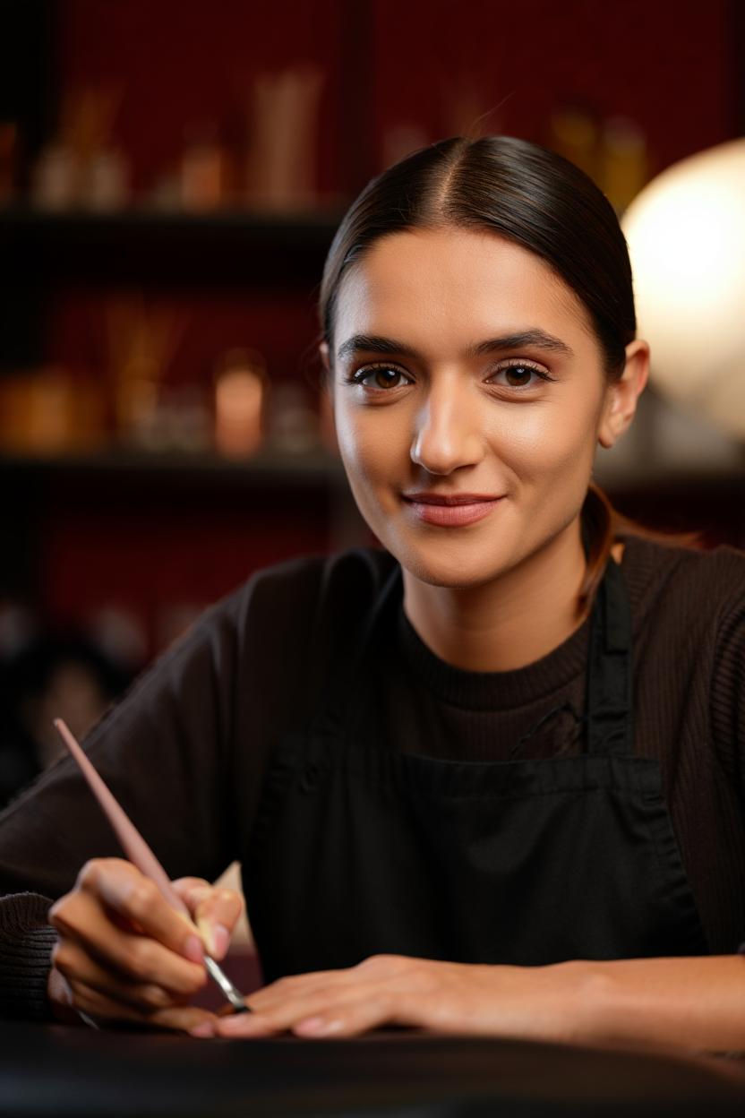 Selin Karadağ — Baş Nail Sanatçısı, stüdyosunda fırçayla çalışırken